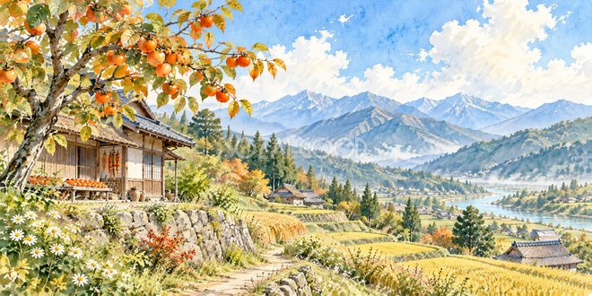 柿の木と家の水彩風景 柿の木と家の水彩風景
