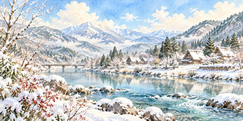 初雪の村｜山里の四季の無料水彩風景イラスト素材 105902