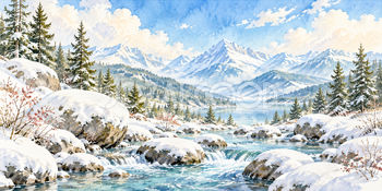 雪をかぶる岩｜雪山と森の無料水彩風景イラスト素材 105903
