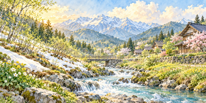 雪解けの小川の水彩風景 雪解けの小川の水彩風景