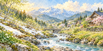 雪解けの小川｜山里の四季の無料水彩風景イラスト素材 105904