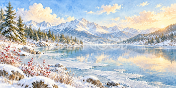 冬の湖岸｜雪山と森の無料水彩風景イラスト素材 105905