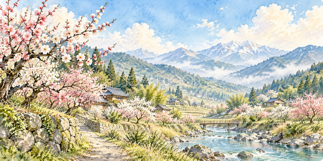 梅咲く里の水彩風景 梅咲く里の水彩風景