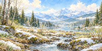 春を待つ森｜雪山と森の無料水彩風景イラスト素材 105907