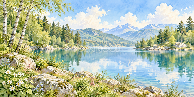 森に囲まれた湖の水彩風景 森に囲まれた湖の水彩風景