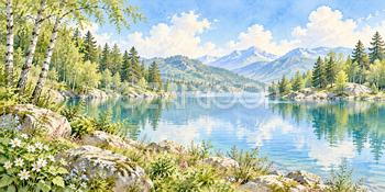 森に囲まれた湖｜森の湖の無料水彩風景イラスト素材 105910