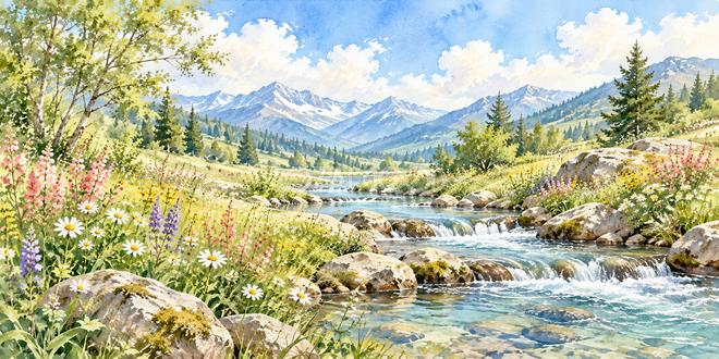 野花の小川の水彩風景