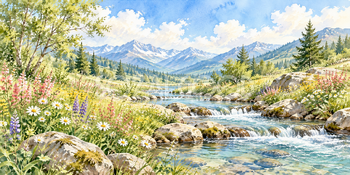 野花の小川｜清流と小川の無料水彩風景イラスト素材 105911