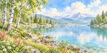 白樺の湖畔｜森の湖の無料水彩風景イラスト素材 105912