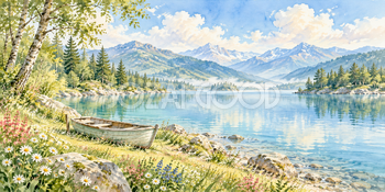 小舟の岸辺｜森の湖の無料水彩風景イラスト素材 105913