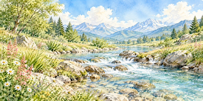 石を流れる清流の水彩風景
