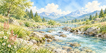 石を流れる清流｜清流と小川の無料水彩風景イラスト素材 105914