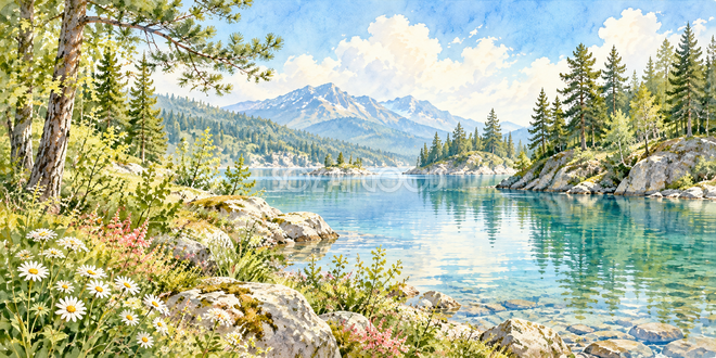 森の入り江の水彩風景 森の入り江の水彩風景