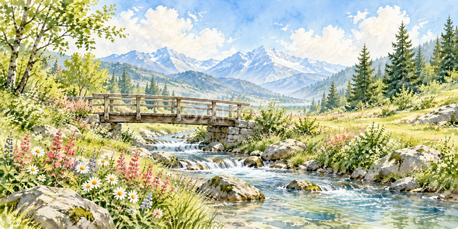 木橋のある小川の水彩風景