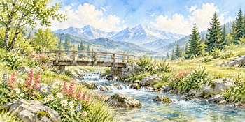 木橋のある小川｜清流と小川の無料水彩風景イラスト素材 105916