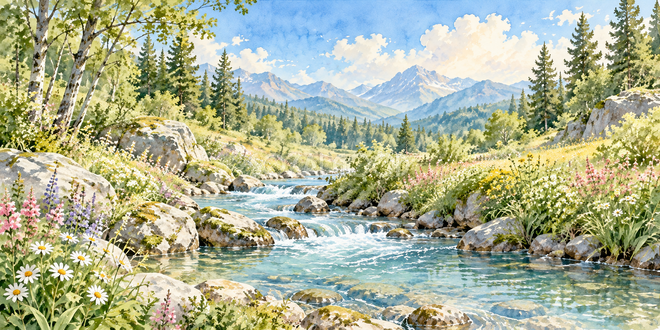 森の曲がり川の水彩風景