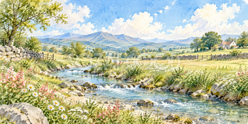 田園の小川｜清流と小川の無料水彩風景イラスト素材 105920