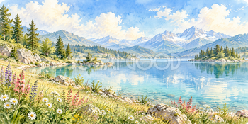 花咲く湖岸｜森の湖の無料水彩風景イラスト素材 105921