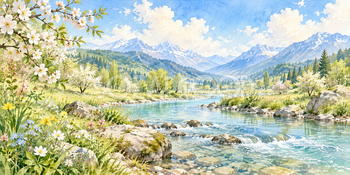 春の岸辺｜清流と小川の無料水彩風景イラスト素材 105922