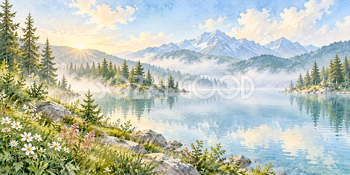 朝霧と針葉樹｜森の湖の無料水彩風景イラスト素材 105923
