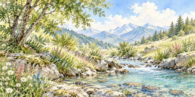 木陰のせせらぎの水彩風景