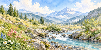 山からの流れ｜清流と小川の無料水彩風景イラスト素材 105926