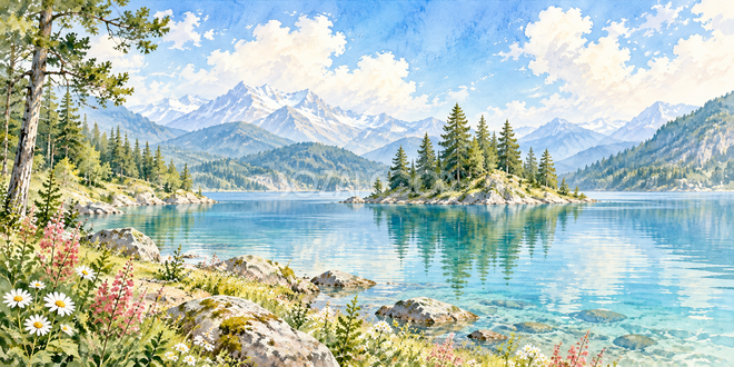 森の島の水彩風景 森の島の水彩風景