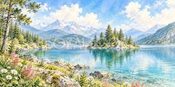 森の島｜森の湖の無料水彩風景イラスト素材 105927
