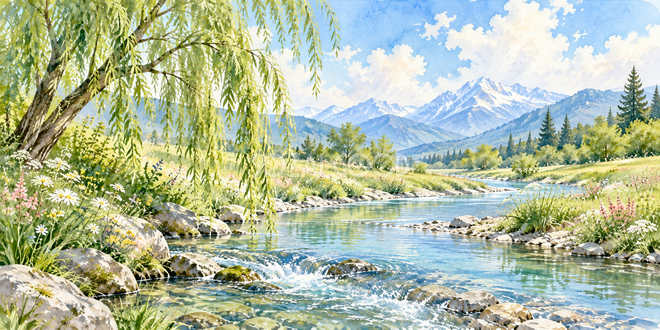 柳の岸の水彩風景 柳の岸の水彩風景
