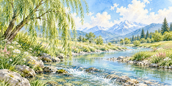 柳の岸｜清流と小川の無料水彩風景イラスト素材 105928