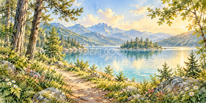 湖へ続く道の水彩風景 湖へ続く道の水彩風景