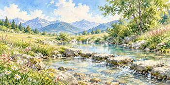 飛び石の浅瀬｜清流と小川の無料水彩風景イラスト素材 105930