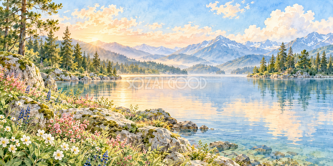 夕光の湖の水彩風景 夕光の湖の水彩風景