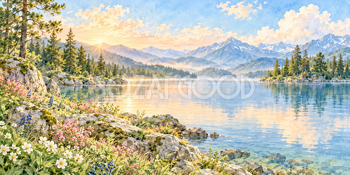 夕光の湖｜森の湖の無料水彩風景イラスト素材 105931