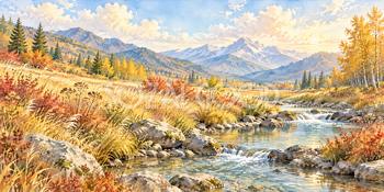 秋草の小川｜清流と小川の無料水彩風景イラスト素材 105932