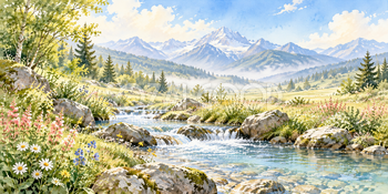 朝光の水面｜清流と小川の無料水彩風景イラスト素材 105933