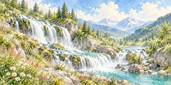 段々の滝｜滝と渓谷の無料水彩風景イラスト素材 105937