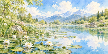 白い睡蓮｜池と睡蓮の無料水彩風景イラスト素材 105938