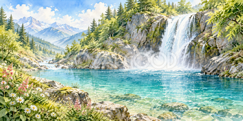 青い滝つぼ｜滝と渓谷の無料水彩風景イラスト素材 105939