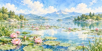 桃色の睡蓮｜池と睡蓮の無料水彩風景イラスト素材 105940