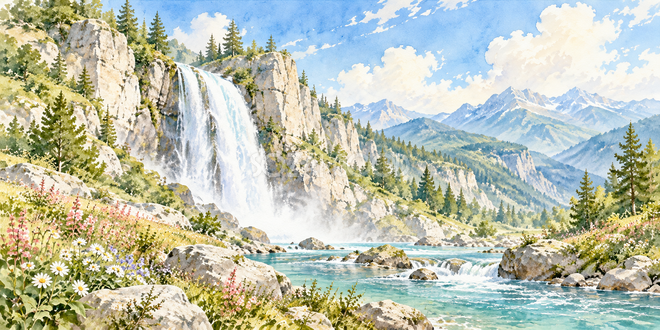 岩壁の滝の水彩風景 岩壁の滝の水彩風景
