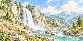 岩壁の滝｜滝と渓谷の無料水彩風景イラスト素材 105941