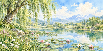 柳と池｜池と睡蓮の無料水彩風景イラスト素材 105942