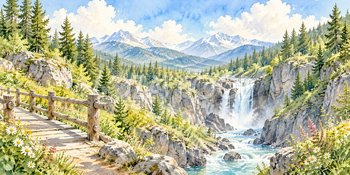 木橋からの渓谷｜滝と渓谷の無料水彩風景イラスト素材 105943