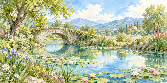 池の小橋の水彩風景 池の小橋の水彩風景