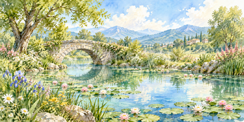 池の小橋｜池と睡蓮の無料水彩風景イラスト素材 105944