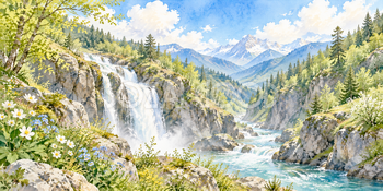 新緑の峡谷｜滝と渓谷の無料水彩風景イラスト素材 105945