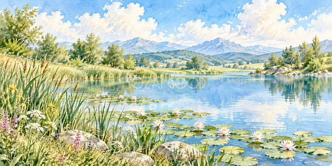 葦の岸辺の水彩風景