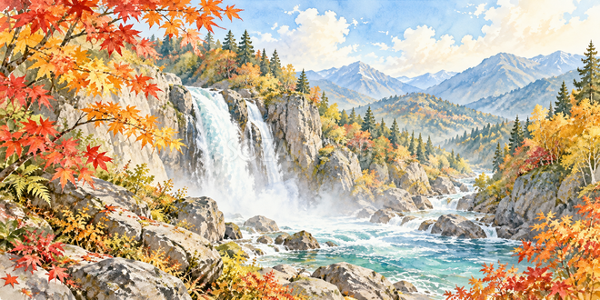 紅葉の滝の水彩風景