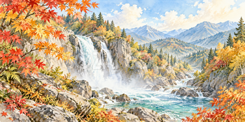 紅葉の滝｜滝と渓谷の無料水彩風景イラスト素材 105947